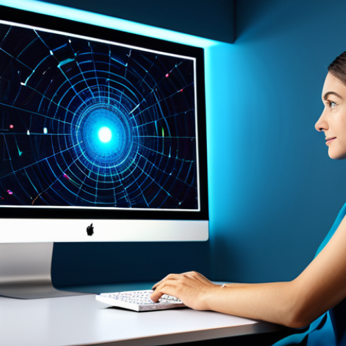 A creative individual, fully clothed in modest, professional attire, sitting comfortably at a modern desk. Their gaze is fixed on a large, illuminated monitor displaying a vibrant, non-representational AI-generated artwork, evoking a sense of wonder and effortless creation. The hands are gently positioned near a keyboard, suggesting interaction. The background is a clean, well-lit home office or studio space, with artistic elements subtly visible. The scene highlights the democratization of art through technology. Professional photography, high detail, perfect anatomy, correct proportions, natural pose, well-formed hands, proper finger count, natural body proportions, safe for work, appropriate content, professional, family-friendly.