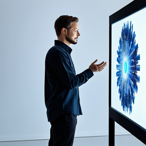 An experienced digital artist, fully clothed in a professional, modest long-sleeved shirt and dark trousers, stands thoughtfully in a clean, modern art studio. The artist is interacting with a large, glowing interactive display that shows dynamically evolving abstract digital art, representing AI collaboration. Their hands are well-formed and naturally positioned on a sleek console. The scene emphasizes the synergy between human creativity and advanced artificial intelligence, with a focus on respectful and professional engagement. Perfect anatomy, correct proportions, natural pose, proper finger count, natural body proportions. Professional photography, high quality, soft studio lighting. Safe for work, appropriate content, family-friendly.