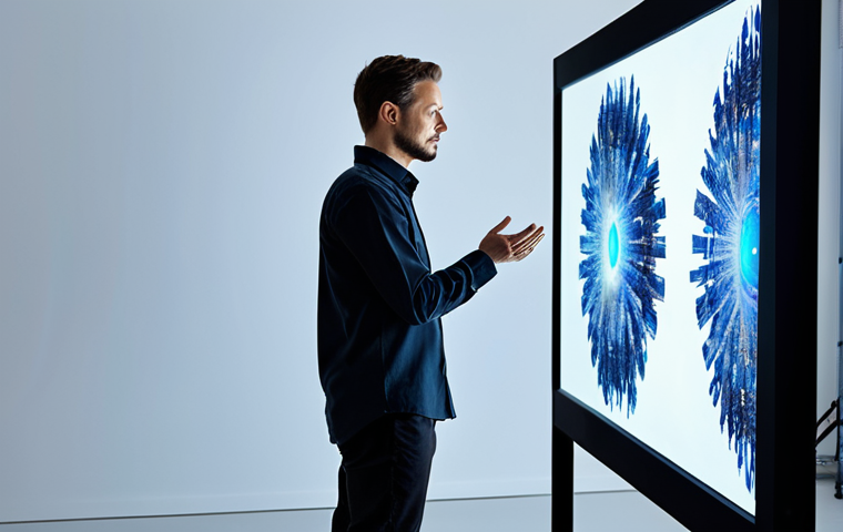An experienced digital artist, fully clothed in a professional, modest long-sleeved shirt and dark trousers, stands thoughtfully in a clean, modern art studio. The artist is interacting with a large, glowing interactive display that shows dynamically evolving abstract digital art, representing AI collaboration. Their hands are well-formed and naturally positioned on a sleek console. The scene emphasizes the synergy between human creativity and advanced artificial intelligence, with a focus on respectful and professional engagement. Perfect anatomy, correct proportions, natural pose, proper finger count, natural body proportions. Professional photography, high quality, soft studio lighting. Safe for work, appropriate content, family-friendly.