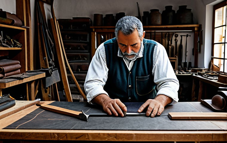 **

"A leather craftsman in a traditional Andalusian workshop, fully clothed, using AI software on a modern computer to optimize leather cutting, minimizing waste. The workshop is filled with traditional tools and materials, alongside the modern technology. Appropriate attire, safe for work, perfect anatomy, natural proportions, professional photography, high quality, professional."

**