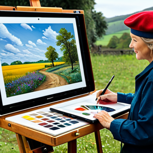 AI Assisting a Landscape Painter**

"A landscape painter wearing a beret and appropriate clothing, working on a canvas outdoors, an AI program on a tablet displaying various color palettes and compositional suggestions, fully clothed, safe for work, perfect anatomy, natural proportions, professional photography, modest, family-friendly."

**