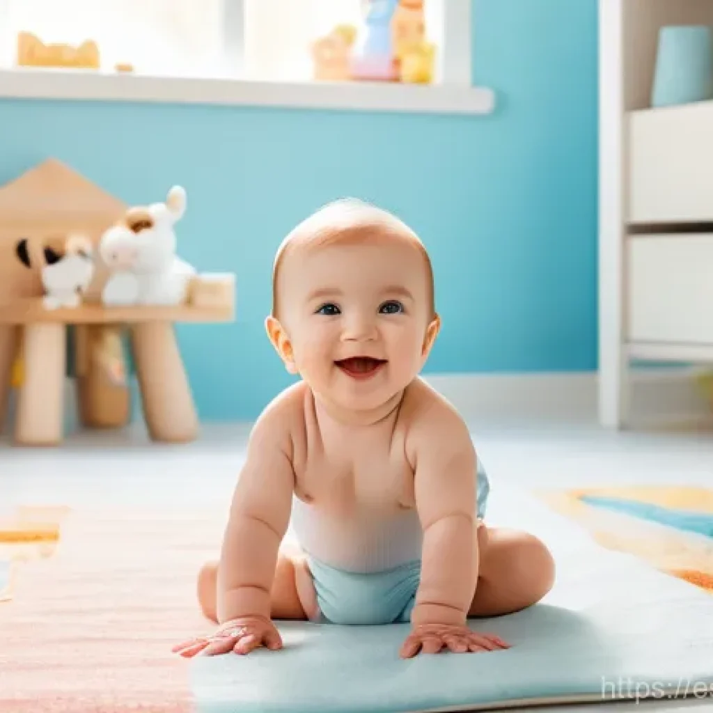 DALL E 사용법 - A joyful baby, wearing a clean, soft white diaper, happily playing on a colorful rug in a sun-drench...