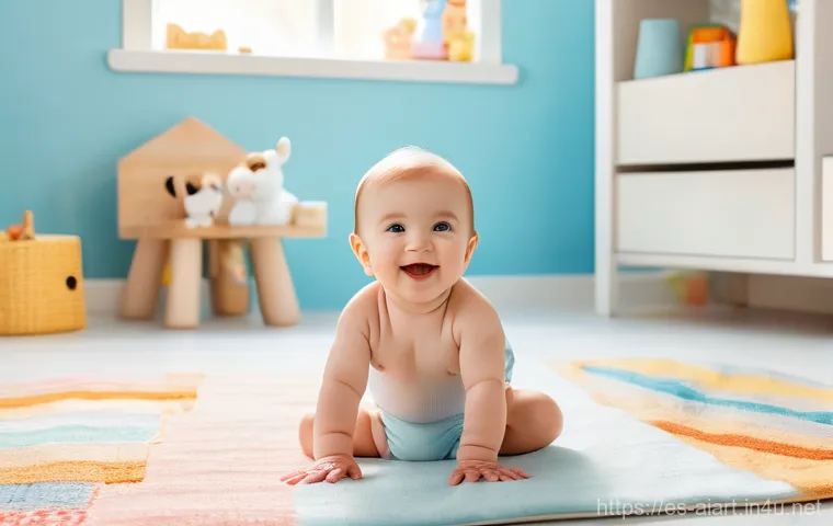 DALL E 사용법 - A joyful baby, wearing a clean, soft white diaper, happily playing on a colorful rug in a sun-drench...
