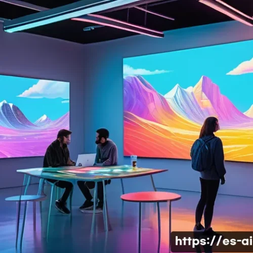 AI 아트 챌린지 - A vibrant and diverse group of young adult and adult artists, excitedly gathered in a futuristic, br...