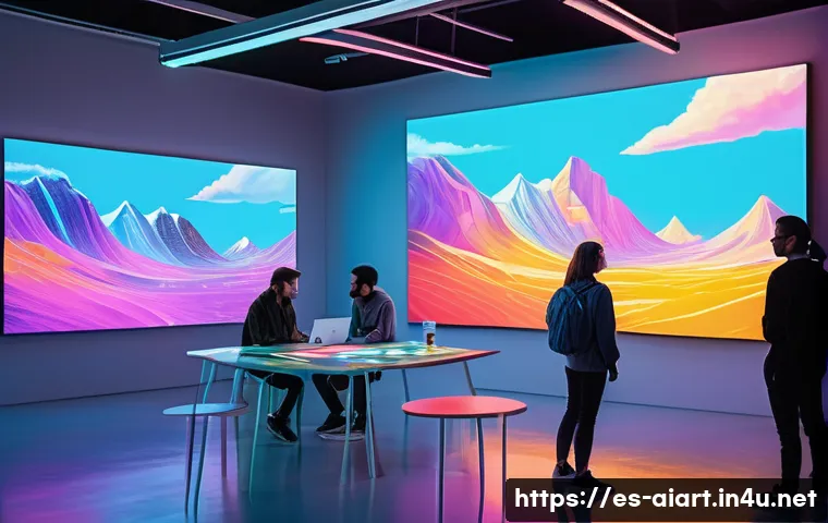 AI 아트 챌린지 - A vibrant and diverse group of young adult and adult artists, excitedly gathered in a futuristic, br...