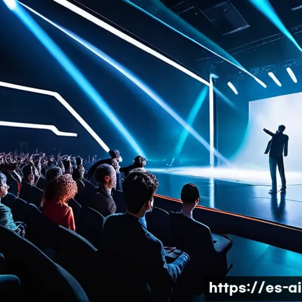 AI 예술과 공연예술 - A modern theater stage during a live performance, featuring dynamic lighting and sound systems that ...