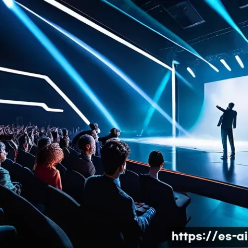 AI 예술과 공연예술 - A modern theater stage during a live performance, featuring dynamic lighting and sound systems that ...