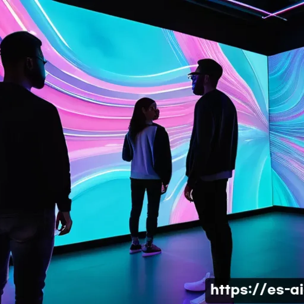 AI 예술과 증강현실 - A futuristic digital art gallery with immersive 3D environments where visitors wearing casual modern...