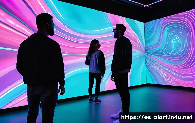 AI 예술과 증강현실 - A futuristic digital art gallery with immersive 3D environments where visitors wearing casual modern...