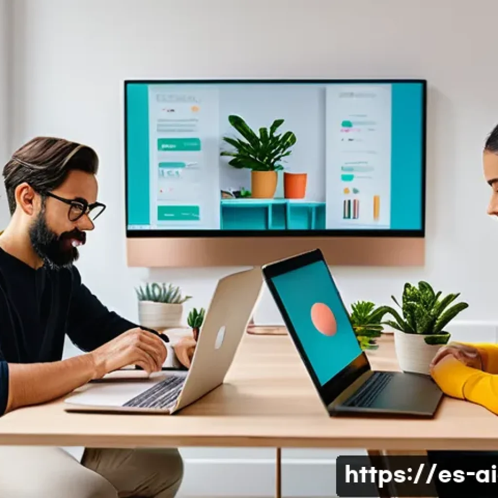AI 예술과 인공지능 로고 제작 - A modern creative workspace featuring a diverse group of young Spanish entrepreneurs collaborating o...