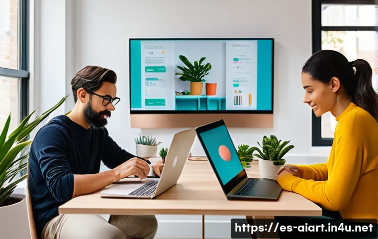 AI 예술과 인공지능 로고 제작 - A modern creative workspace featuring a diverse group of young Spanish entrepreneurs collaborating o...