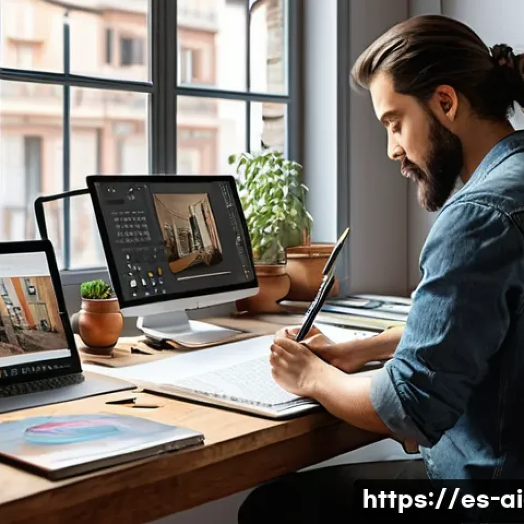 AI 예술과 포토리얼리즘 - A hyperrealistic digital artist’s studio in Madrid, Spain, showcasing a blend of traditional and AI-...
