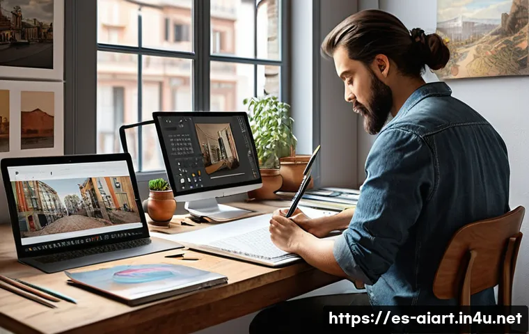 AI 예술과 포토리얼리즘 - A hyperrealistic digital artist&rsquo;s studio in Madrid, Spain, showcasing a blend of traditional and AI-...