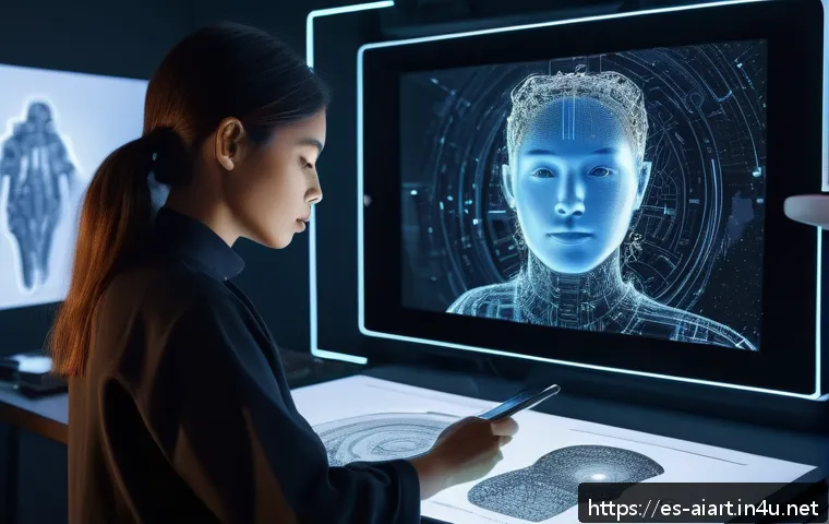 GAN 예술 - A futuristic digital artist&rsquo;s studio blending human creativity and AI technology, featuring a divers...