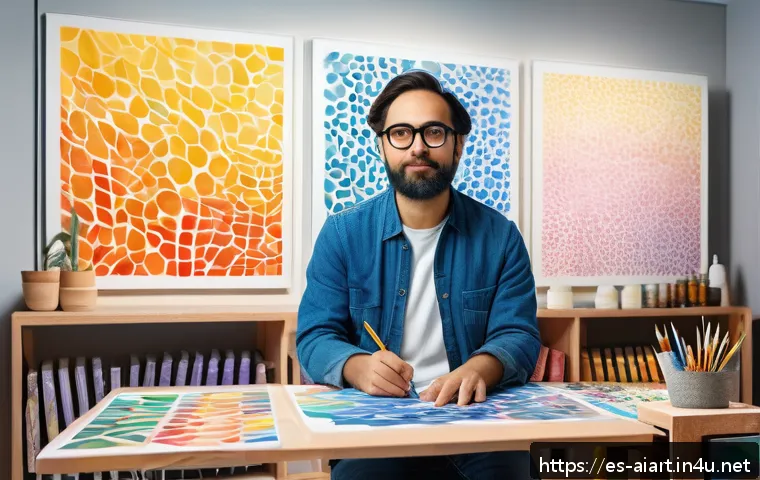 AI 예술과 디지털 페인팅 - A contemporary digital artist in a bright, modern studio, blending traditional painting techniques w...