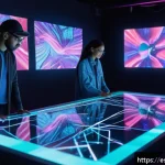 AI 예술과 신경망 아트 - A futuristic digital art studio scene showcasing a diverse group of artists collaborating with AI-po...