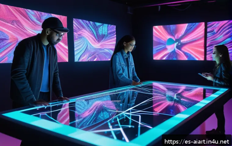 AI 예술과 신경망 아트 - A futuristic digital art studio scene showcasing a diverse group of artists collaborating with AI-po...