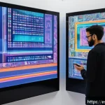 AI 예술과 AI 패턴 생성 - A digital artist&rsquo;s studio filled with futuristic tools and screens displaying algorithm-generated ab...