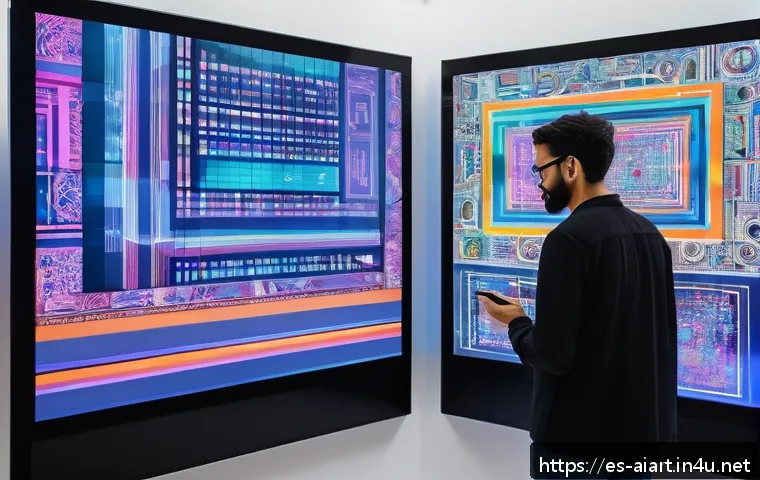 AI 예술과 AI 패턴 생성 - A digital artist’s studio filled with futuristic tools and screens displaying algorithm-generated ab...