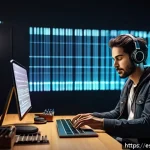 AI 작사 AI - A modern music studio scene featuring a young Spanish composer collaborating with an advanced AI hol...