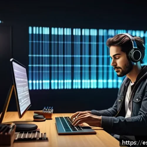 AI 작사 AI - A modern music studio scene featuring a young Spanish composer collaborating with an advanced AI hol...
