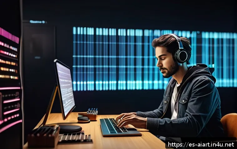 AI 작사 AI - A modern music studio scene featuring a young Spanish composer collaborating with an advanced AI hol...