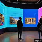 AI 예술과 몰입형 경험 - A futuristic art gallery in Barcelona featuring interactive digital murals that respond to visitors&rsquo;...