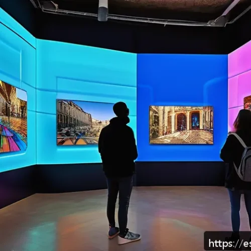AI 예술과 몰입형 경험 - A futuristic art gallery in Barcelona featuring interactive digital murals that respond to visitors&rsquo;...