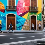 AI 예술과 공간 예술 - A vibrant urban street scene in Barcelona featuring a large interactive digital mural on a building ...