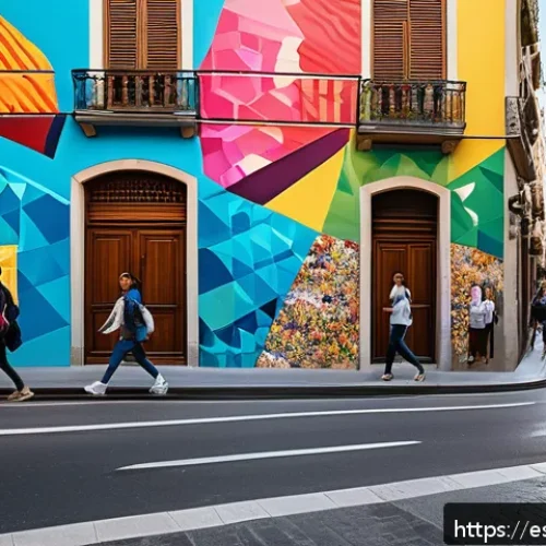 AI 예술과 공간 예술 - A vibrant urban street scene in Barcelona featuring a large interactive digital mural on a building ...