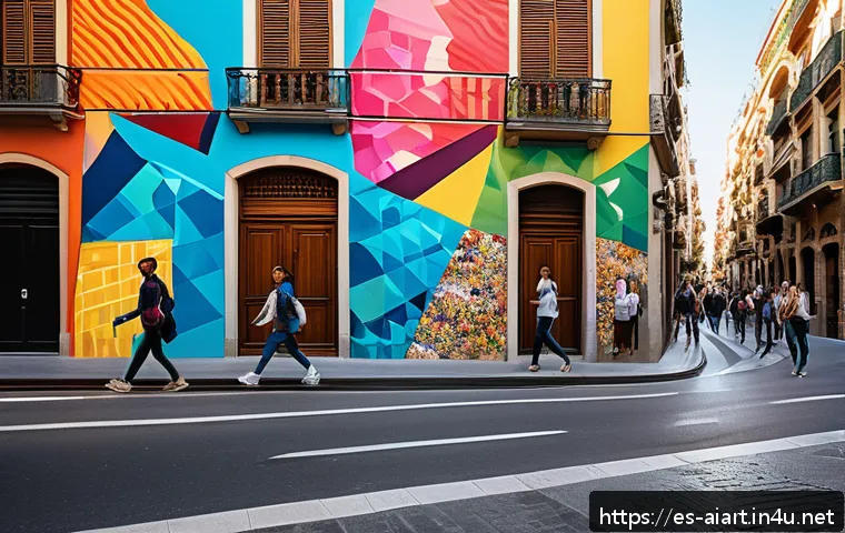 AI 예술과 공간 예술 - A vibrant urban street scene in Barcelona featuring a large interactive digital mural on a building ...