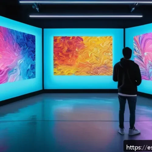 AI 예술과 인터랙티브 퍼포먼스 - A futuristic art studio scene where a diverse group of artists collaborate with AI-powered holograph...