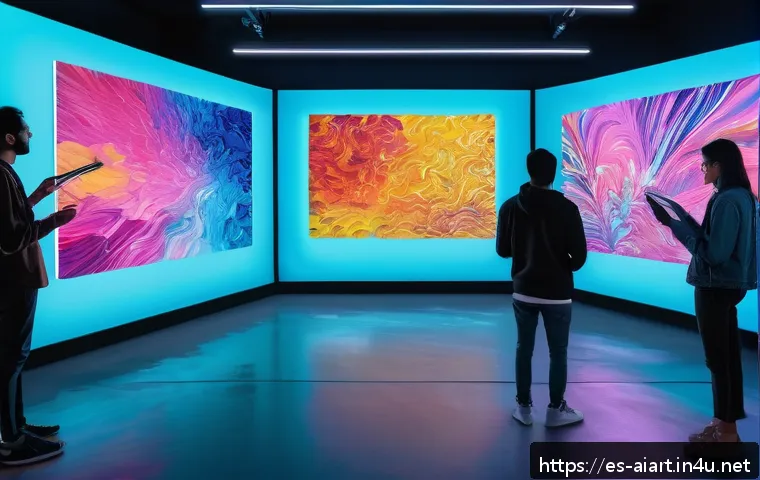 AI 예술과 인터랙티브 퍼포먼스 - A futuristic art studio scene where a diverse group of artists collaborate with AI-powered holograph...