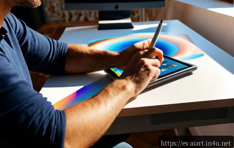 AI 예술과 움직이는 이미지 - Photorealistic Spanish digital artist in a sunlit Barcelona studio, seated at a clean desk with a la...