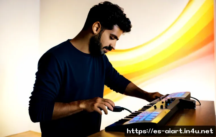 Home 17 AI 예술과 음악 시각화 - Photorealistic Spanish music producer in a sunlit Barcelona-style studio, wearing casual modern clot...