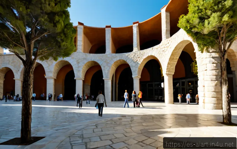 AI 예술과 건축 - Photorealistic wide-angle view of a visionary contemporary museum in a sunlit Spanish city plaza, fl...
